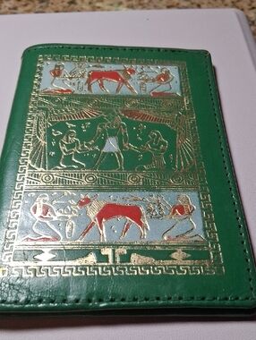 Hand Crafted Green Leather  Wallet with Gold and Red Egyptian Motif